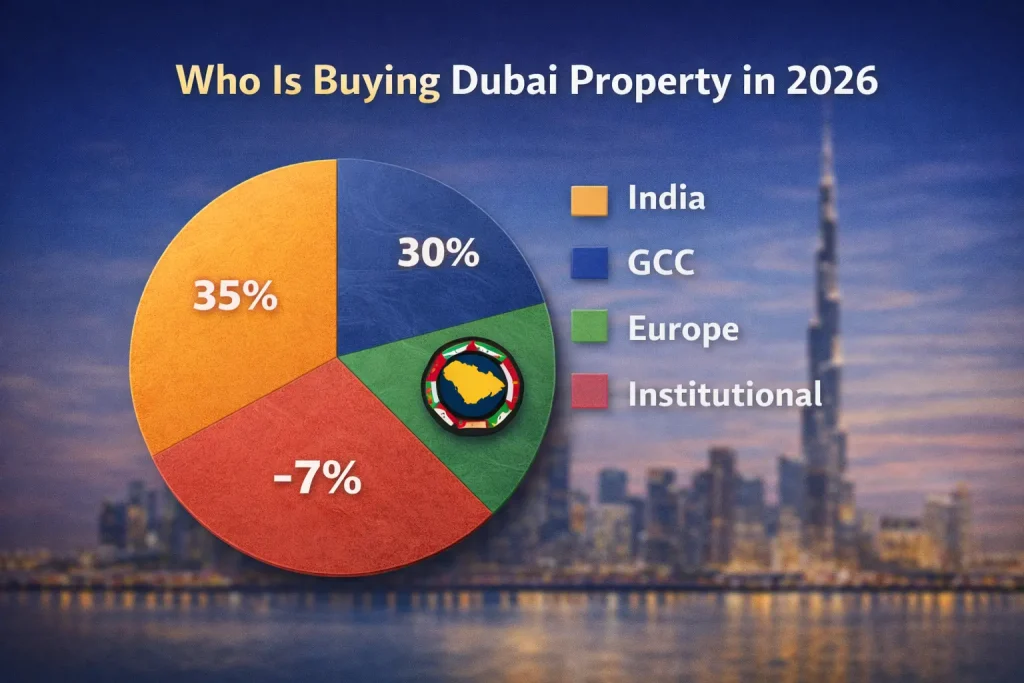 Section: Investment Trends Pie Chart Investor Origin India 35% GCC 30% Europe 20% Institutional 15% Title: Who Is Buying Dubai Property in 2026 make image