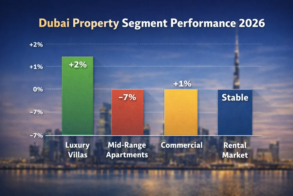 Convert Market Data Into Charts Your tables are good but charts are easier to digest. Chart 1 Section: Current Market Overview Create a bar chart Luxury Villas +2% Mid Range Apartment -7% Commercial +1% Rental Market Stable Title: Dubai Property Segment Performance 2026 make image