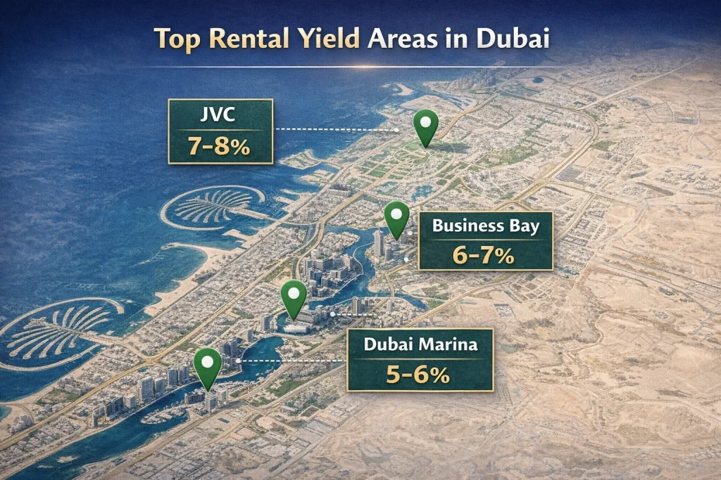 Rental Yield Map of Dubai Readers love location data. Image idea: Overlay labels: Area Rental Yield JVC 7–8% Business Bay 6–7% Dubai Marina 5–6% Title: Top Rental Yield Areas in Dubai